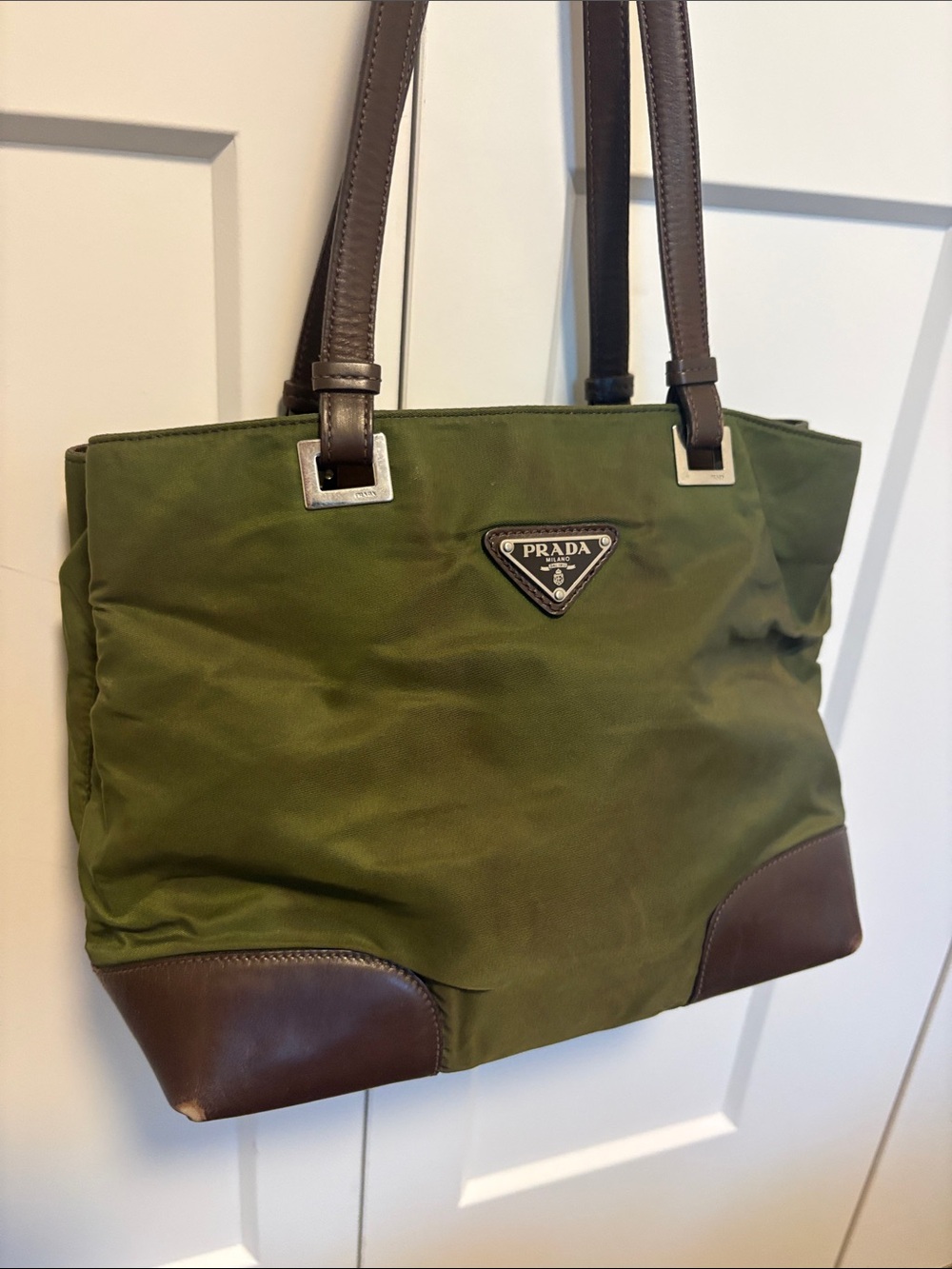 [Prada] Olive Green Nylon Shoulder Bag Handbag Purse Small Tote w/ Brown Leather - Picture 3 of 16